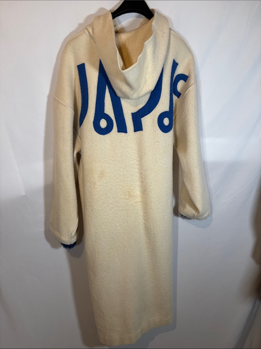 Lundstrom laparka Canada - Cream Hooded Long parka wool coat with Blue Graphic